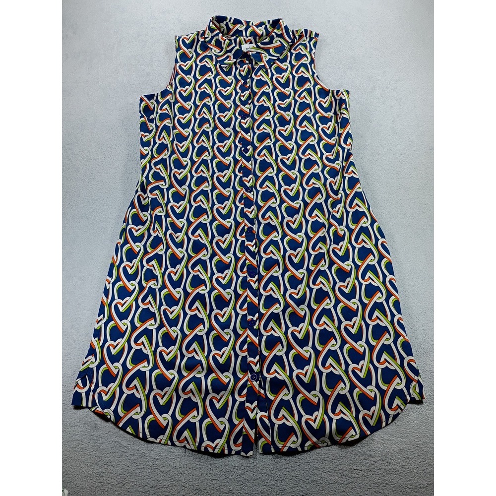 Cabi Women Interlocking Heart Print Shirt Dress Blue Medium Sleeveless Button Up